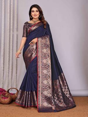 navy blue soft silk blend banarasi with peacock zari jacquard weaving border saree 1