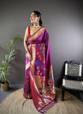 magenta soft silk blend motifs mina zari weaving paithani saree 1