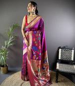 magenta soft silk blend motifs mina zari weaving paithani saree