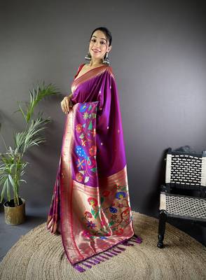 magenta soft silk blend motifs mina zari weaving paithani saree 2