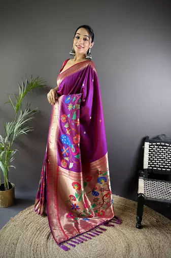 magenta soft silk blend motifs mina zari weaving paithani saree