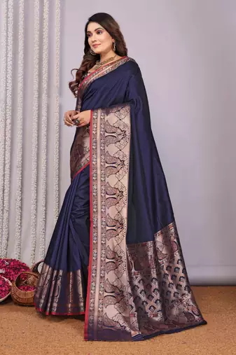 navy blue soft silk blend banarasi with peacock zari jacquard weaving border saree