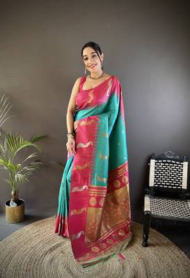 teal soft silk blend butti zari weaving banarasi saree 1