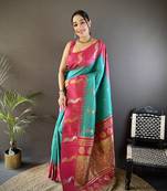 teal soft silk blend butti zari weaving banarasi saree