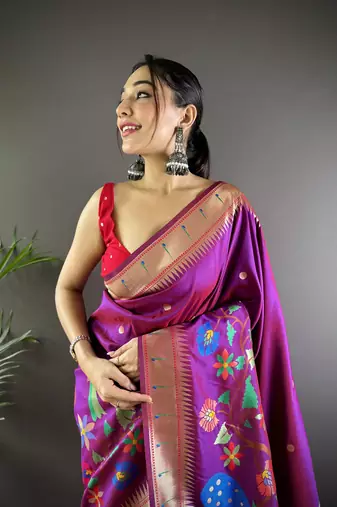 magenta soft silk blend motifs mina zari weaving paithani saree