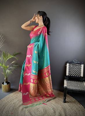 teal soft silk blend butti zari weaving banarasi saree 2