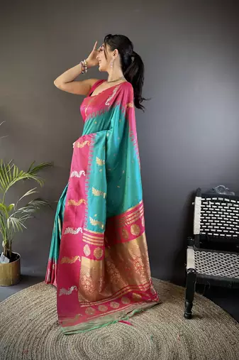teal soft silk blend butti zari weaving banarasi saree