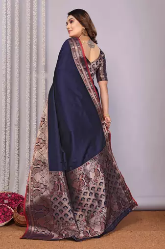 navy blue soft silk blend banarasi with peacock zari jacquard weaving border saree