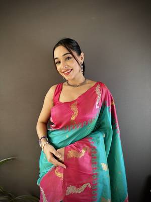 teal soft silk blend butti zari weaving banarasi saree 3