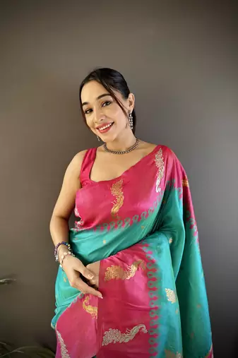 teal soft silk blend butti zari weaving banarasi saree
