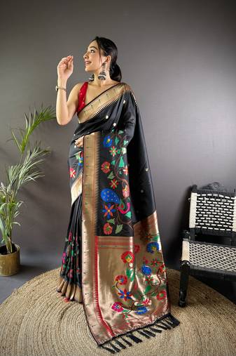 black soft silk blend motifs mina zari weaving paithani saree