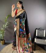 black soft silk blend motifs mina zari weaving paithani saree