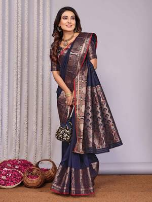 navy blue soft silk blend banarasi with peacock zari jacquard weaving border saree 4