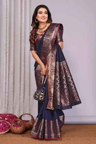 navy blue soft silk blend banarasi with peacock zari jacquard weaving border saree