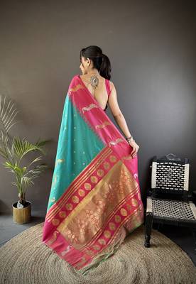 teal soft silk blend butti zari weaving banarasi saree 4