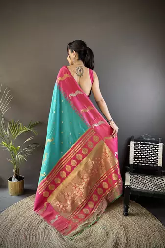 teal soft silk blend butti zari weaving banarasi saree