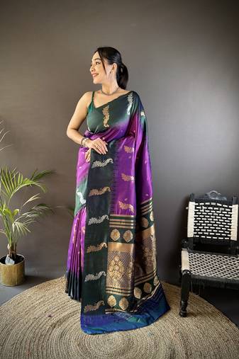 purple soft silk blend butti zari weaving banarasi saree