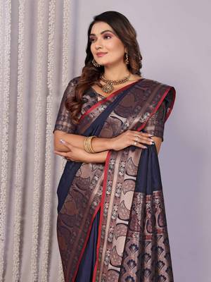 navy blue soft silk blend banarasi with peacock zari jacquard weaving border saree 5
