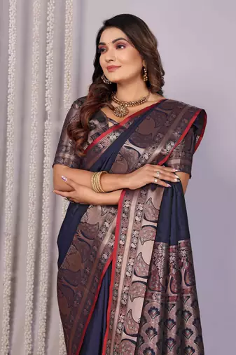navy blue soft silk blend banarasi with peacock zari jacquard weaving border saree