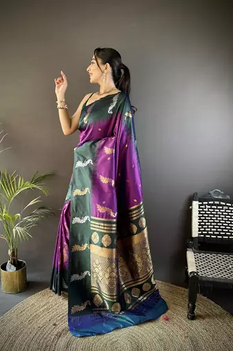 purple soft silk blend butti zari weaving banarasi saree