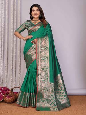 green soft silk blend banarasi with peacock zari jacquard weaving border saree 1