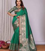 green soft silk blend banarasi with peacock zari jacquard weaving border saree
