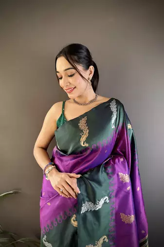 purple soft silk blend butti zari weaving banarasi saree