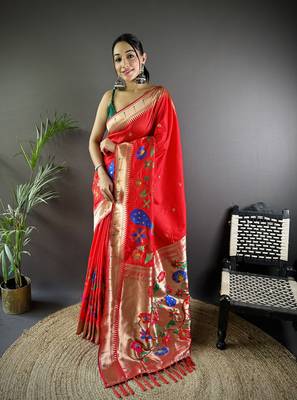 red soft silk blend motifs mina zari weaving paithani saree 1
