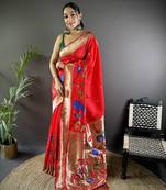 red soft silk blend motifs mina zari weaving paithani saree