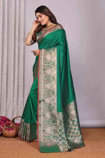 green soft silk blend banarasi with peacock zari jacquard weaving border saree