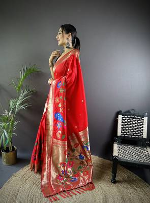 red soft silk blend motifs mina zari weaving paithani saree 2