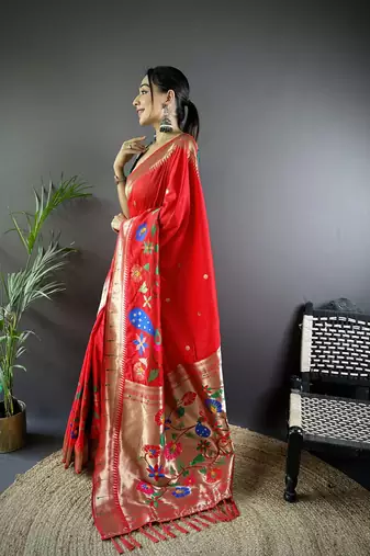 red soft silk blend motifs mina zari weaving paithani saree