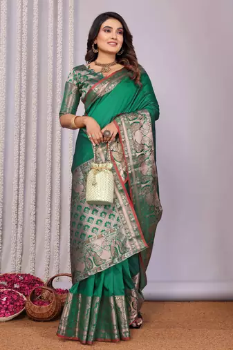 green soft silk blend banarasi with peacock zari jacquard weaving border saree