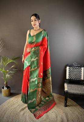 red soft silk blend butti zari weaving banarasi saree 1