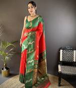 red soft silk blend butti zari weaving banarasi saree