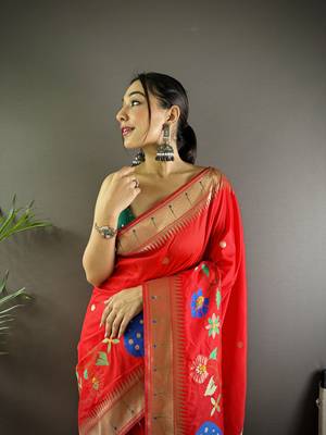 red soft silk blend motifs mina zari weaving paithani saree 3