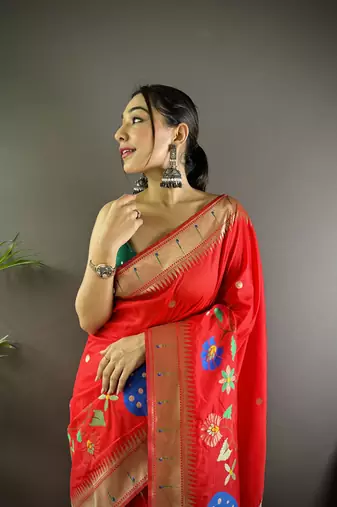 red soft silk blend motifs mina zari weaving paithani saree