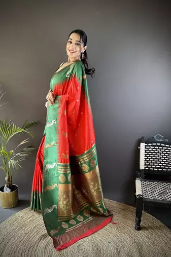 red soft silk blend butti zari weaving banarasi saree