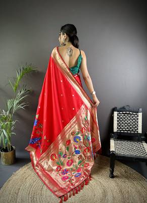 red soft silk blend motifs mina zari weaving paithani saree 4