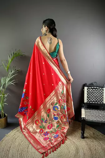 red soft silk blend motifs mina zari weaving paithani saree