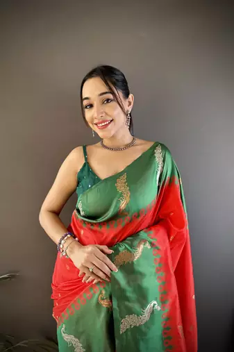 red soft silk blend butti zari weaving banarasi saree