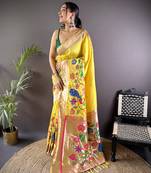 yellow soft silk blend motifs mina zari weaving paithani saree
