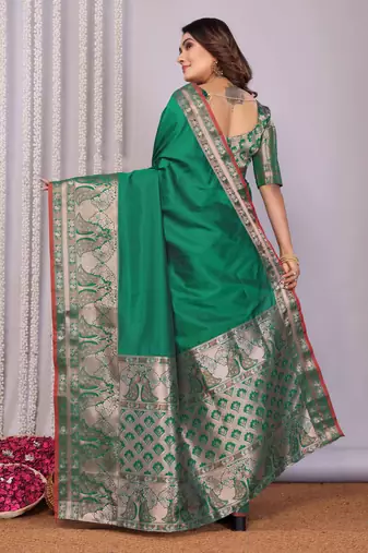 green soft silk blend banarasi with peacock zari jacquard weaving border saree
