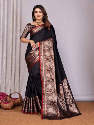 black soft silk blend banarasi with peacock zari jacquard weaving border saree 1