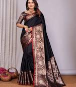 black soft silk blend banarasi with peacock zari jacquard weaving border saree