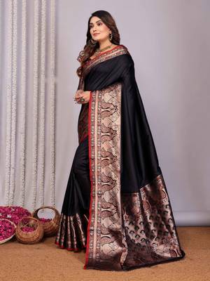 black soft silk blend banarasi with peacock zari jacquard weaving border saree 3