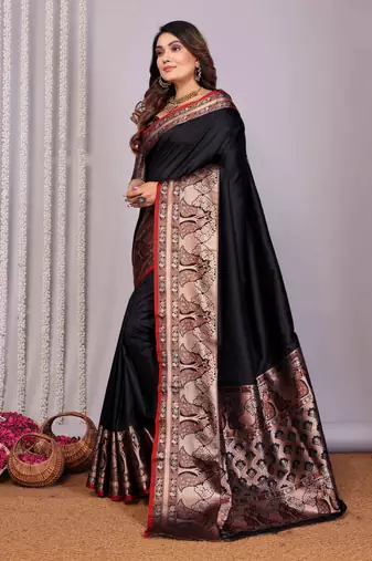 black soft silk blend banarasi with peacock zari jacquard weaving border saree