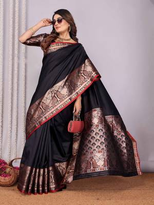 black soft silk blend banarasi with peacock zari jacquard weaving border saree 4