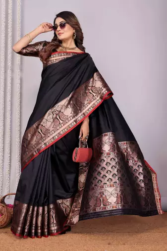 black soft silk blend banarasi with peacock zari jacquard weaving border saree