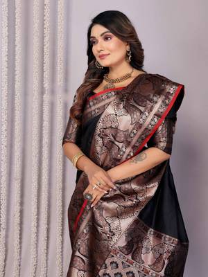 black soft silk blend banarasi with peacock zari jacquard weaving border saree 5